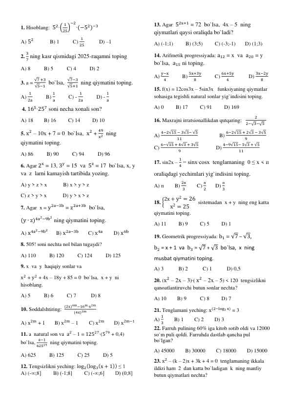 Matematikadan test