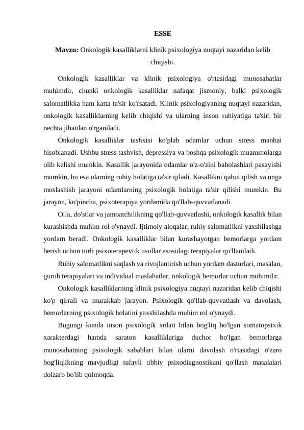 Onkologik kasalliklarni klinik psixologiya nuqtayi nazaridan kelib chiqishi