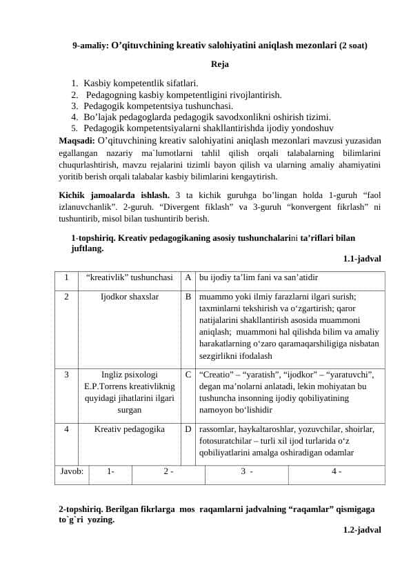 O’qituvchining kreativ salohiyatini aniqlash mezonlari