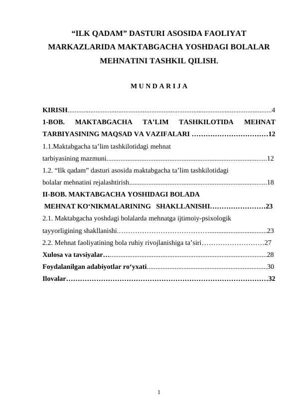 “ILK QADAM” DASTURI ASOSIDA FAOLIYAT MARKAZLARIDA MAKTABGACHA YOSHDAGI BOLALAR MEHNATINI TASHKIL QILISH.