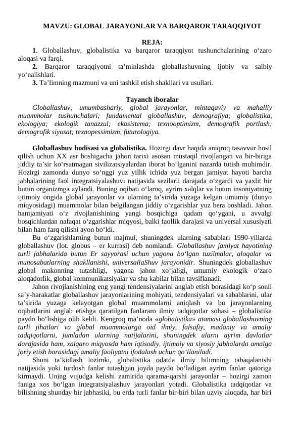 Global jarayonlar va barqaror taraqqiyot