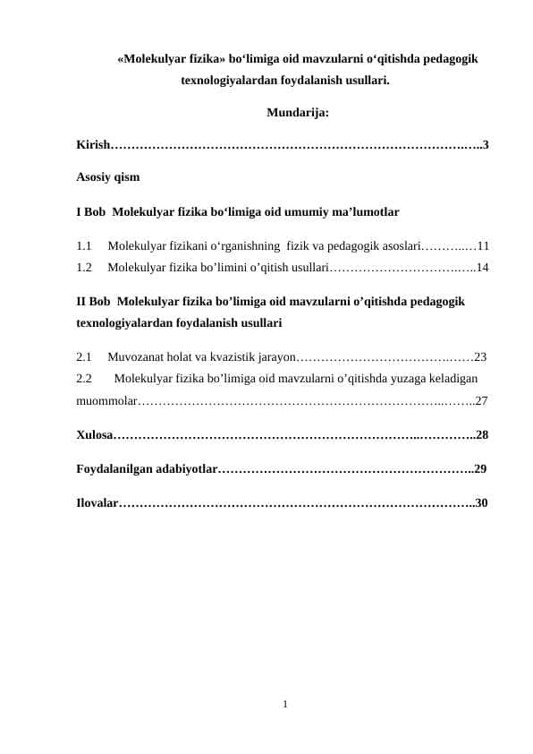 Molekulyar fizika bo‘limiga oid mavzularni o‘qitishda pedagogik texnologiyalardan foydalanish usullari.