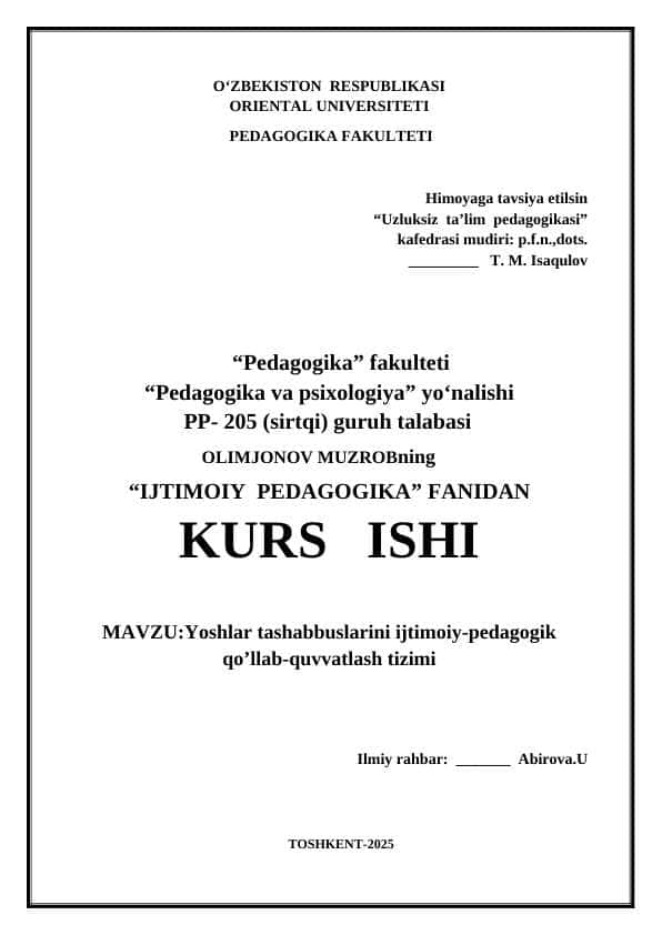 Yoshlar tashabbuslarini ijtimoiy-pedagogik qo’llab-quvvatlash tizimi