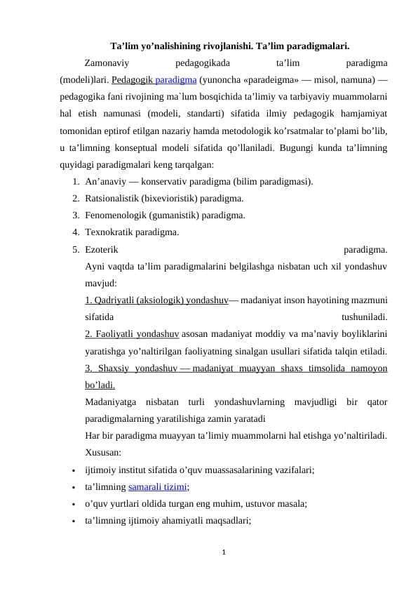 Ta’lim yo’nalishining rivojlanishi. Ta’lim paradigmalari