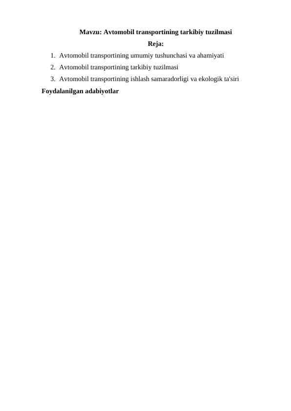 Avtomobil transportining tarkibiy tuzilmasi