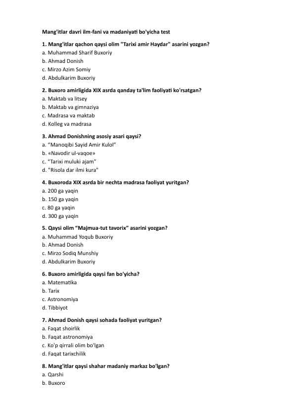9-sinf O`zbekiston tarixi test