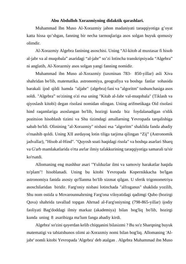 Abu Abdulloh Xorazmiyning didaktik qarashlari.