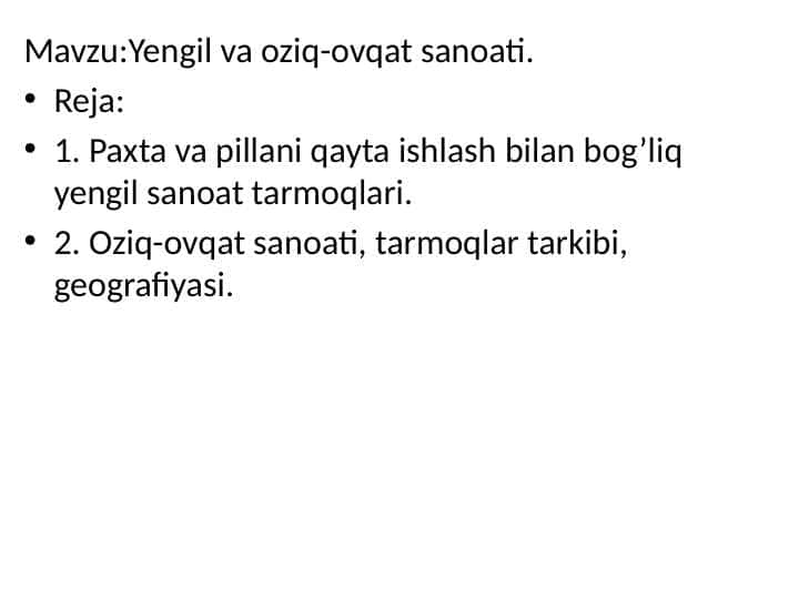 O‘zbekistonda yengil va oziq-ovqat sanoati