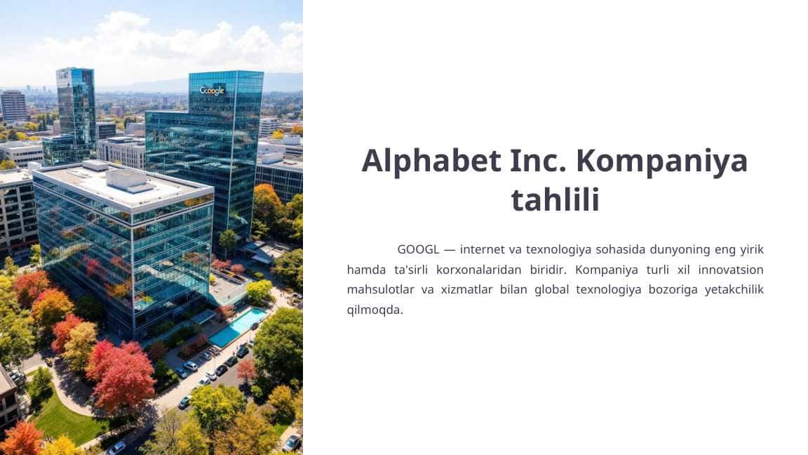 finance.yahoo.com sayti ma’lumotlaridan Alphabet Inc. Kompaniya tahlili