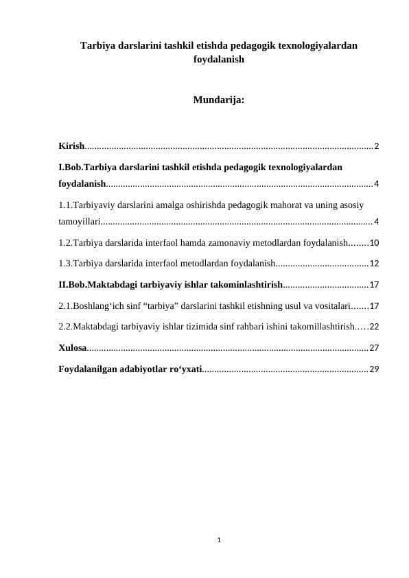 Tarbiya darslarini tashkil etishda pedagogik texnologiyalardan foydalanish