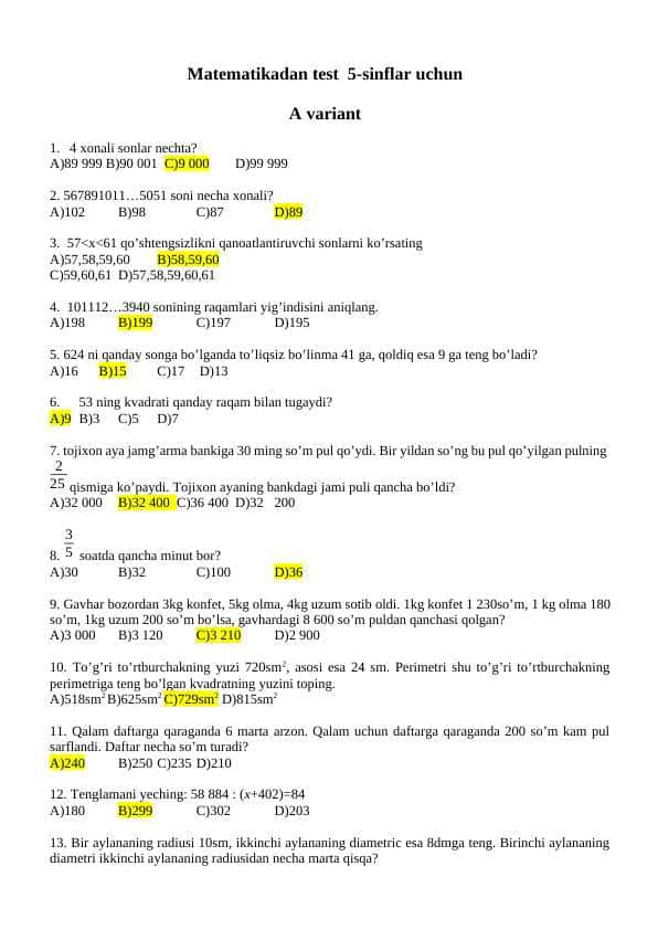 Matematikadan 5-sinflar uchun test