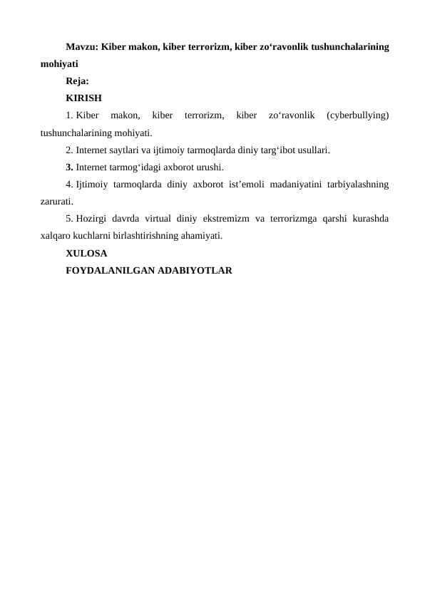 Kiber makon, kiber terrorizm, kiber zoʻravonlik tushunchalarining mohiyati - Кибер макон, кибер терроризм, кибер зўравонлик тушунчаларининг моҳияти
