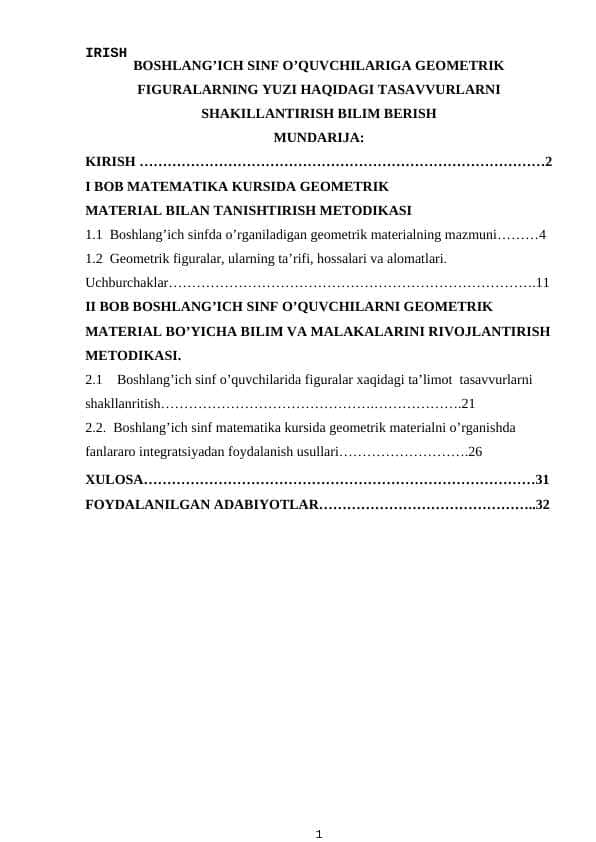 BOSHLANG’ICH SINF O’QUVCHILARIGA GEOMETRIK FIGURALARNING YUZI HAQIDAGI TASAVVURLARNI SHAKILLANTIRISH BILIM BERISH