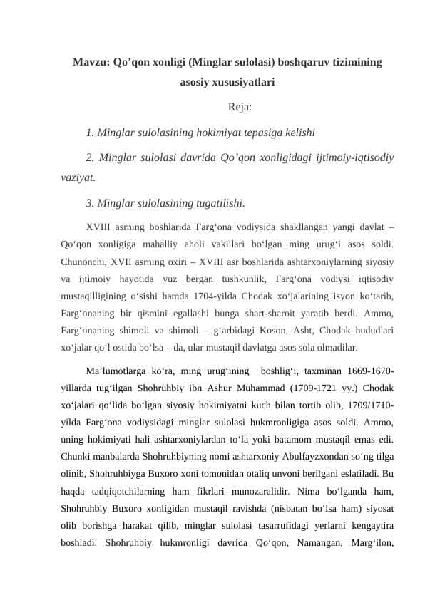 Qo’qon xonligi (Minglar sulolasi) boshqaruv tizimining asosiy xususiyatlari