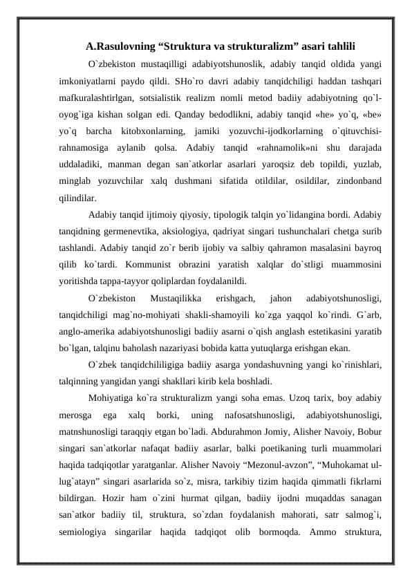A.Rasulovning “Struktura va strukturalizm” asari tahlili