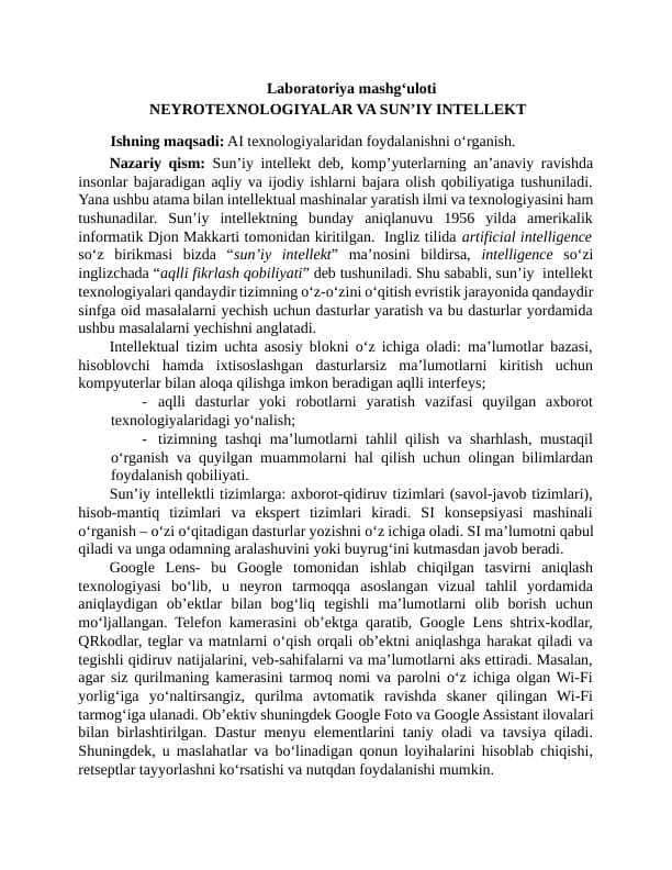 NEYROTEXNOLOGIYALAR VA SUN’IY INTELLEKT
