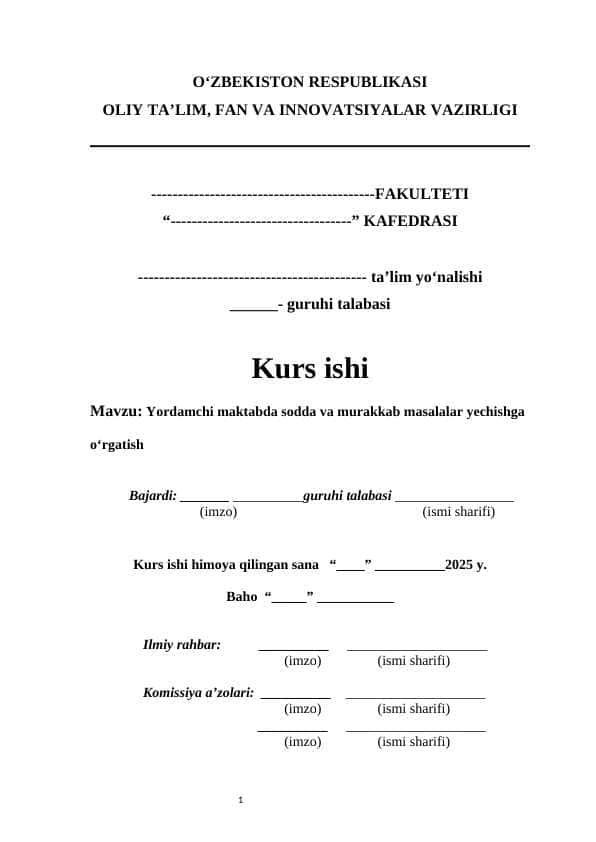 Yordamchi maktabda sodda va murakkab masalalar yechishga oʻrgatish