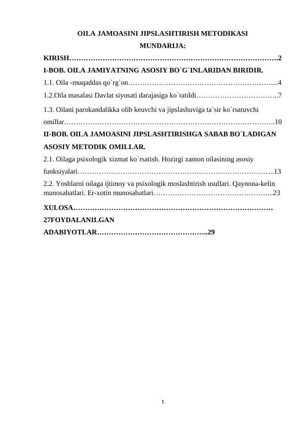 OILA JAMOASINI JIPSLASHTIRISH METODIKASI