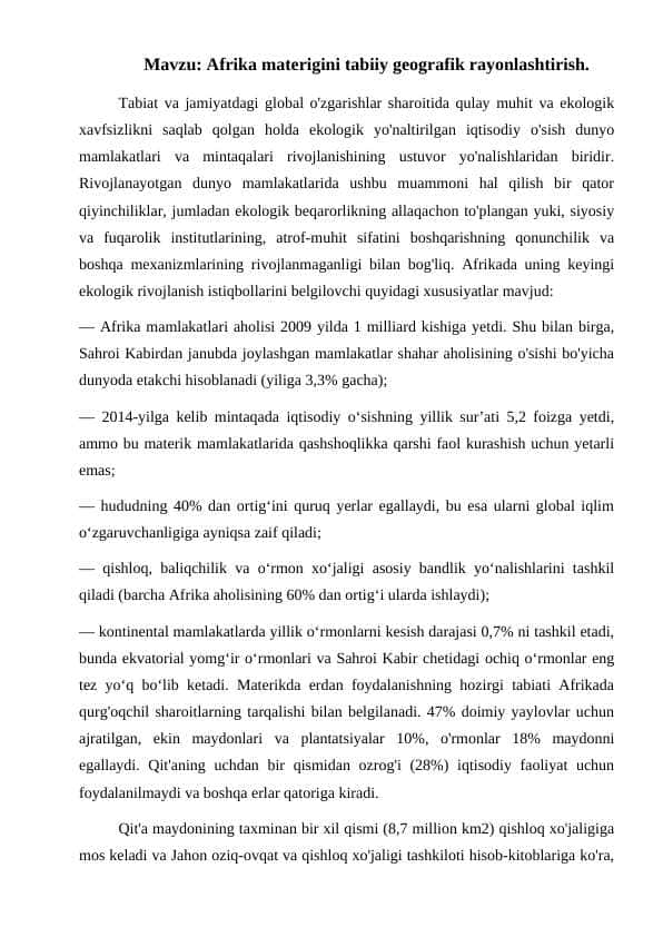 Afrika materigini tabiiy geografik rayonlashtirish.