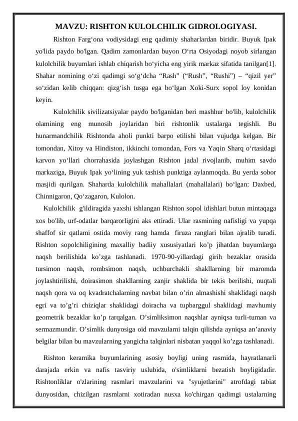RISHTON KULOLCHILIK GIDROLOGIYASI