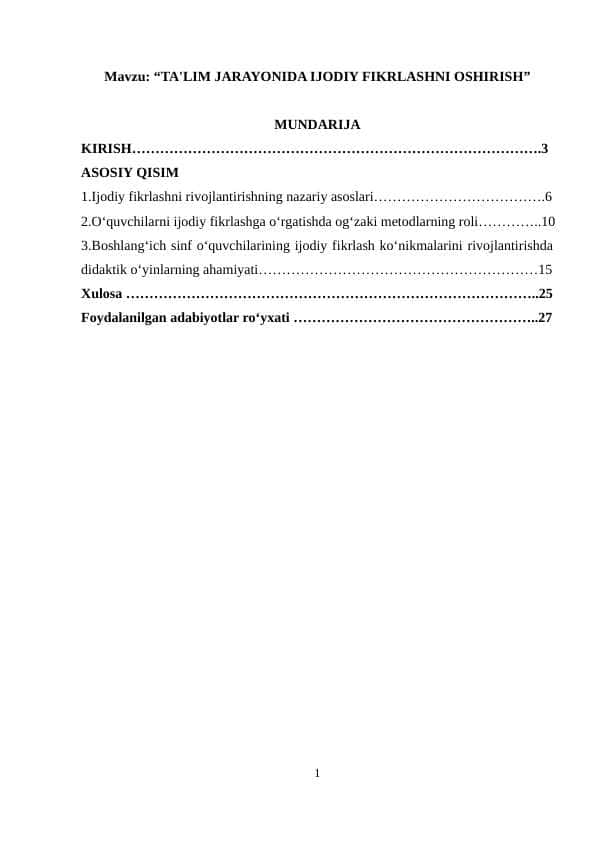 TA'LIM JARAYONIDA IJODIY FIKRLASHNI OSHIRISH
