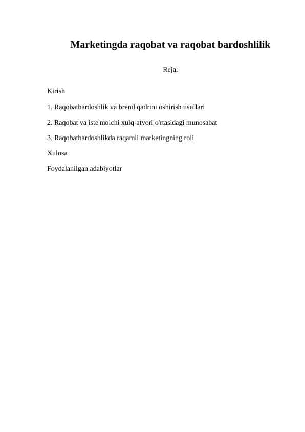 Marketingda raqobat va raqobat bardoshlilik