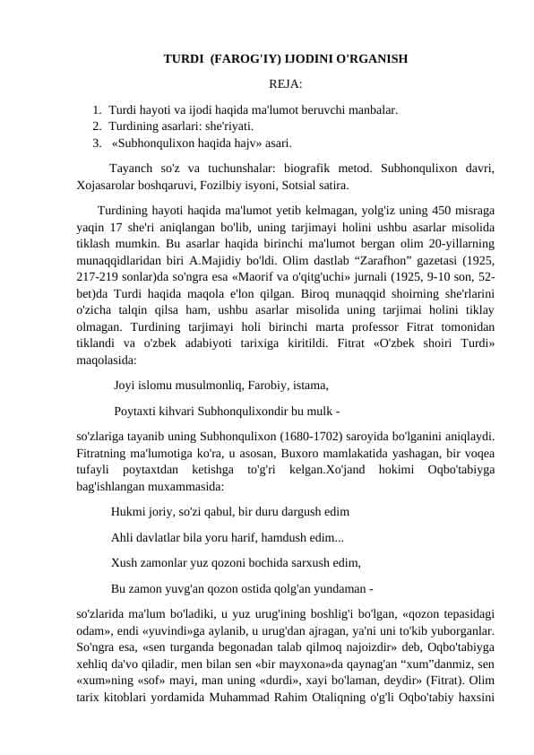 TURDI (FAROG'IY) IJODINI O'RGANISH