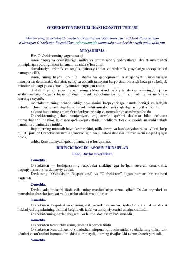Yangi Tahrirdagi O'zbekiston Respublikasi Konstitutsiyasi