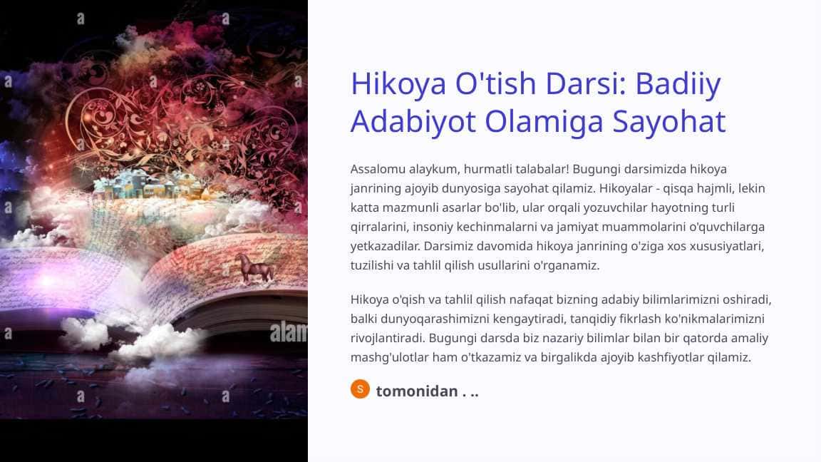 Hikoya O'tish Darsi Badiiy Adabiyot Olamiga Sayohat