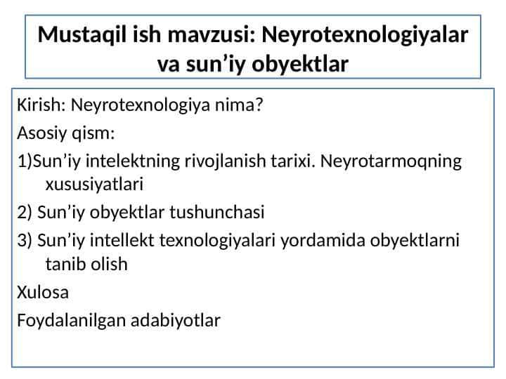 Neyrotexnologiyalar va sun’iy obyektlar