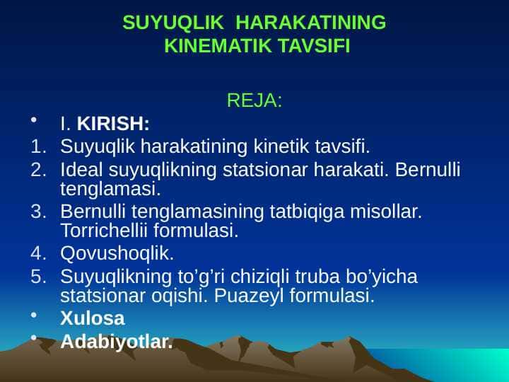 SUYUQLIK HARAKATINING KINEMATIK TAVSIFI