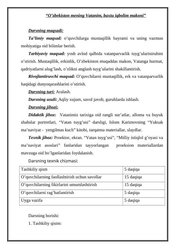 Oʼzbekiston mening Vatanim, baxtu iqbolim makoni