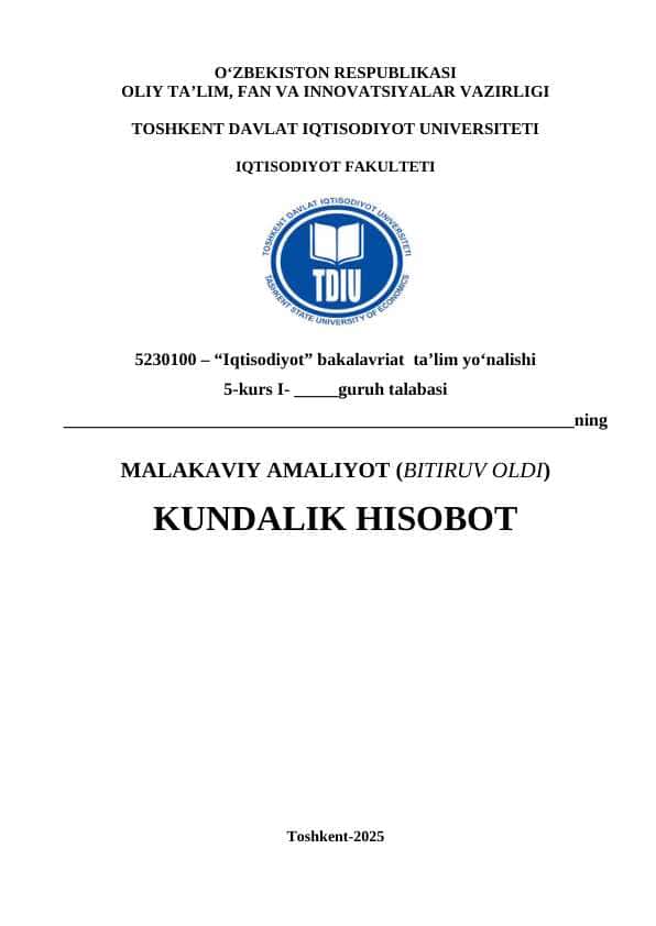 AGROBANK MALAKAVIY AMALIYOT (BITIRUV OLDI) KUNDALIK HISOBOT