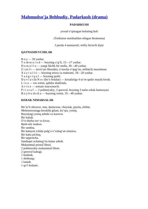 Mahmudxo'ja Behbudiy. Padarkush (drama)