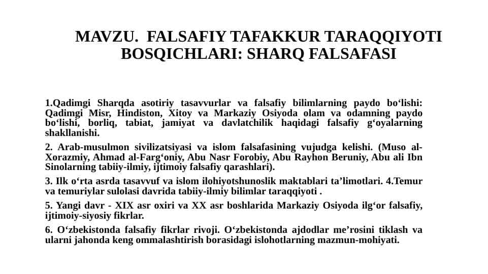 FALSAFIY TAFAKKUR TARAQQIYOTI BOSQICHLARI SHARQ FALSAFASI