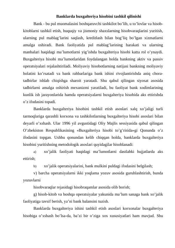 bank uchun amaliyot hisoboti