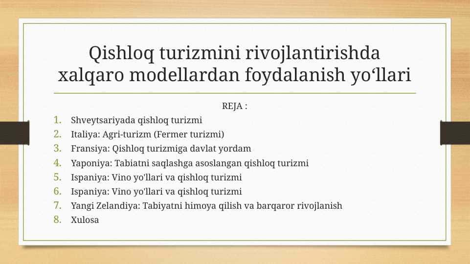 Qishloq turizmini rivojlantirishda xalqaro modellardan foydalanish yo‘llari