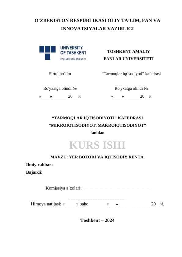 YER BOZORI VA IQTISODIY RENTA KURS ISHI