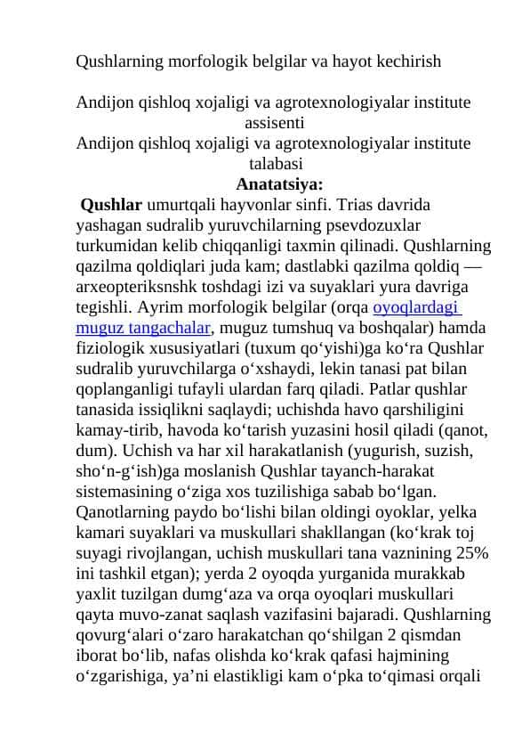Qushlarning morfologik belgilar va hayot kechirish