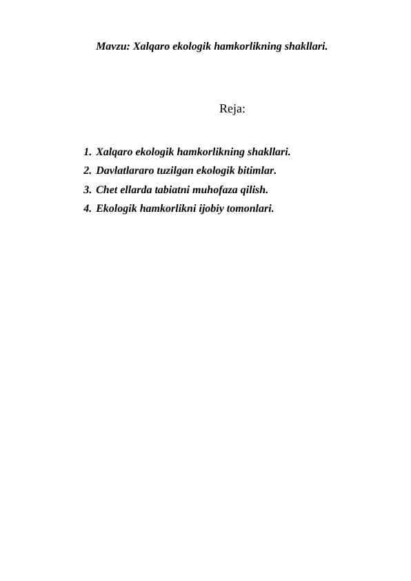 Xalqaro ekologik hamkorlikning shakllari