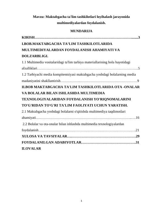 Maktabgacha ta'lim tashkilotlari loyihalash jarayonida multimediyalardan foydalanish