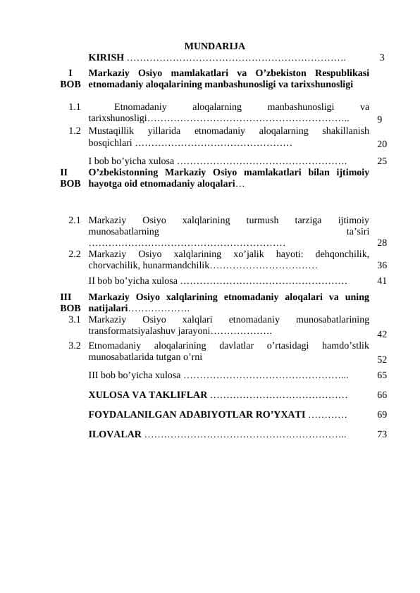 O’ZBEKISTONNING MARKAZIY OSIYO MAMLAKATLARI bilan etnomanaviy aloqalari