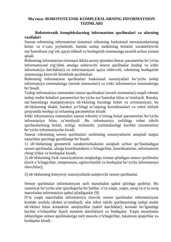 ROBOTOTEXNIK KOMPLEKSLARNING INFORMATSION TIZIMLARI