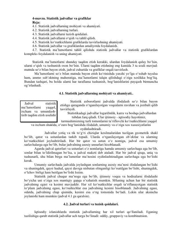 Statistik jadvallar va grafiklar mutaqil ish