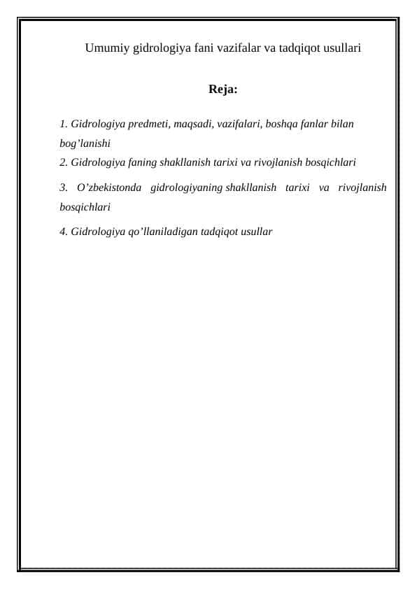 Umumiy gidrologiya fani vazifalar va tadqiqot usullari