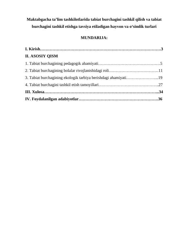 Maktabgacha taʼlim tashkilotlarida tabiat burchagini tashkil qilish va tabiat burchagini tashkil etishga tavsiya etiladigan hayvon va oʻsimlik turlari