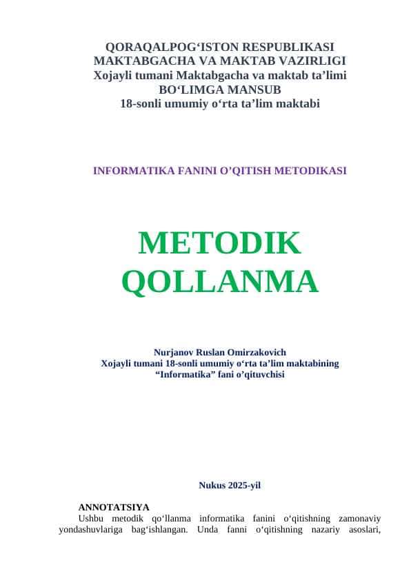 INFORMATIKA FANINI O’QITISH METODIKASI