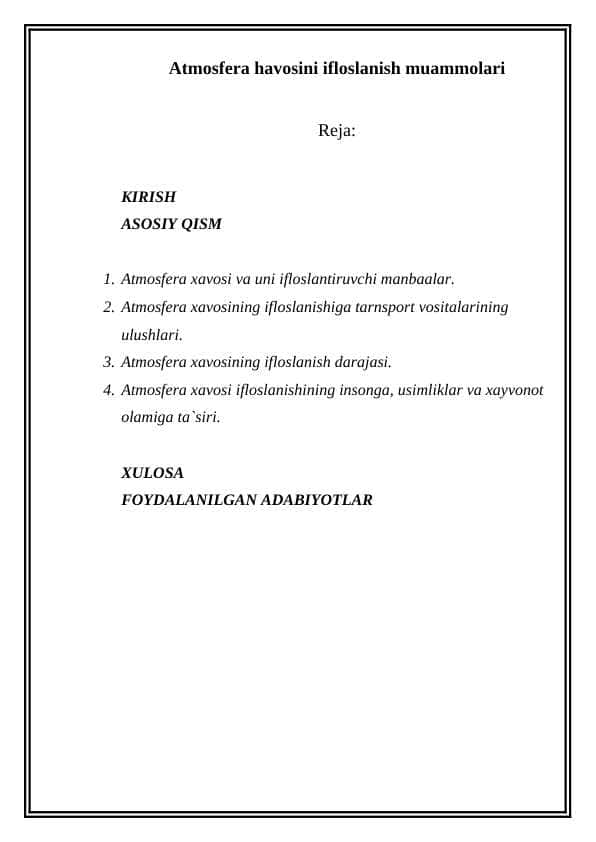Atmosferaning ifloslanish muammolari mustaqil ish