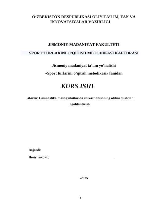 Gimnastika mashg'ulotlarida shikastlanishning oldini olishdan ogohlantirish