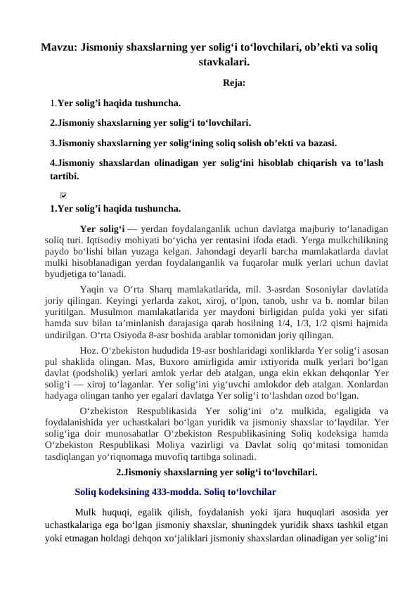 Jismoniy shaxslarning yer solig‘i to‘lovchilari, ob’ekti va soliq stavkalari